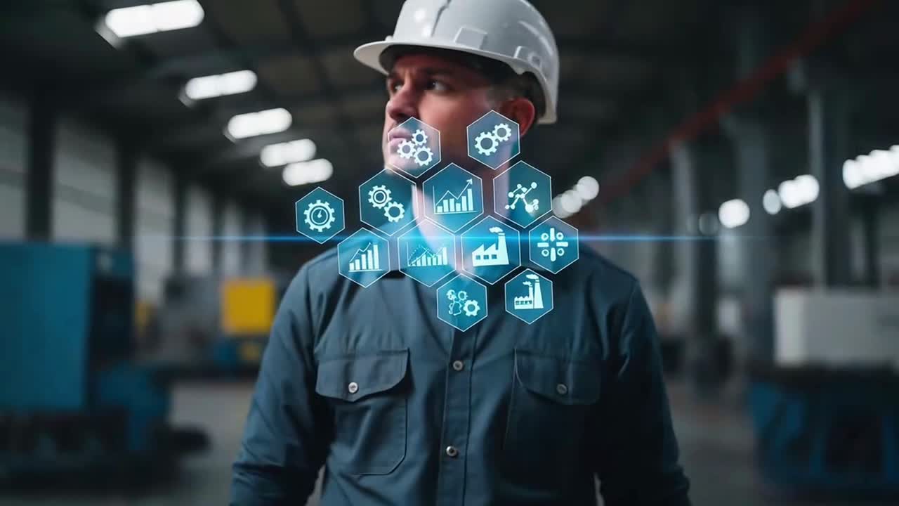 Industrial engineer managing a smart factory with a futuristic virtual interface