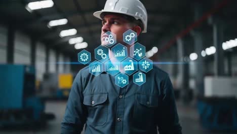 industrial engineer managing a smart factory with a futuristic virtual interface