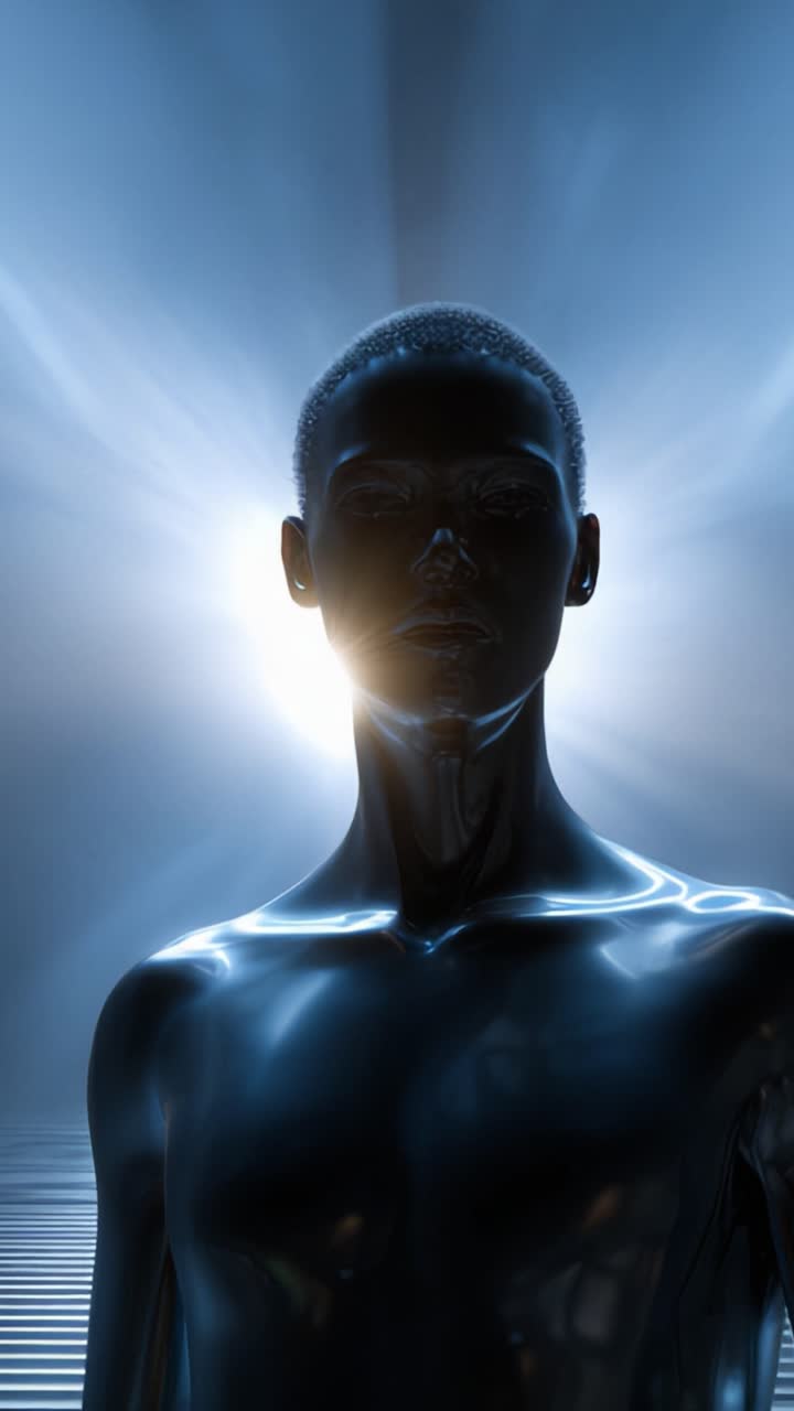 Un manichino etereo si erge illuminato contro uno sfondo radioso, mettendo in mostra una silhouette sorprendente che incarna l'arte moderna e l'estetica del design futuristico.