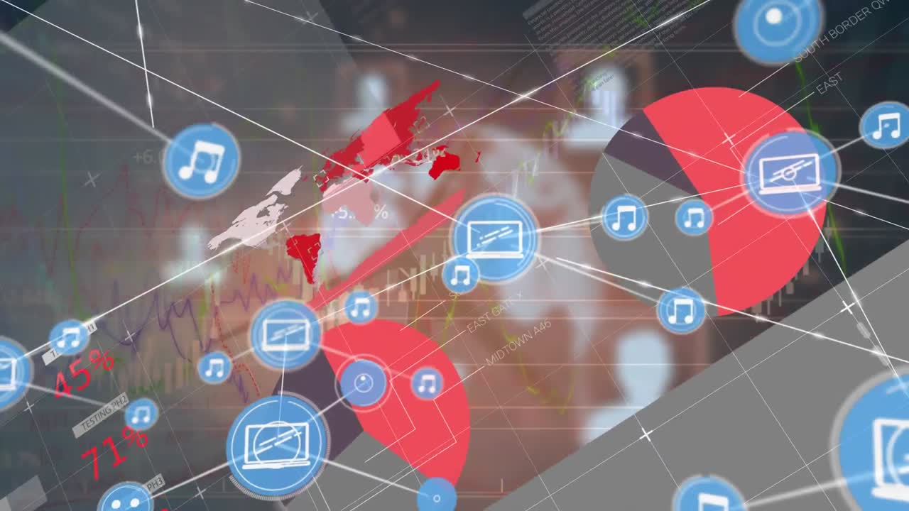 회색 배경에 대한 통계 데이터 처리에 대한 디지털 아이콘 네트워크의 애니메이션