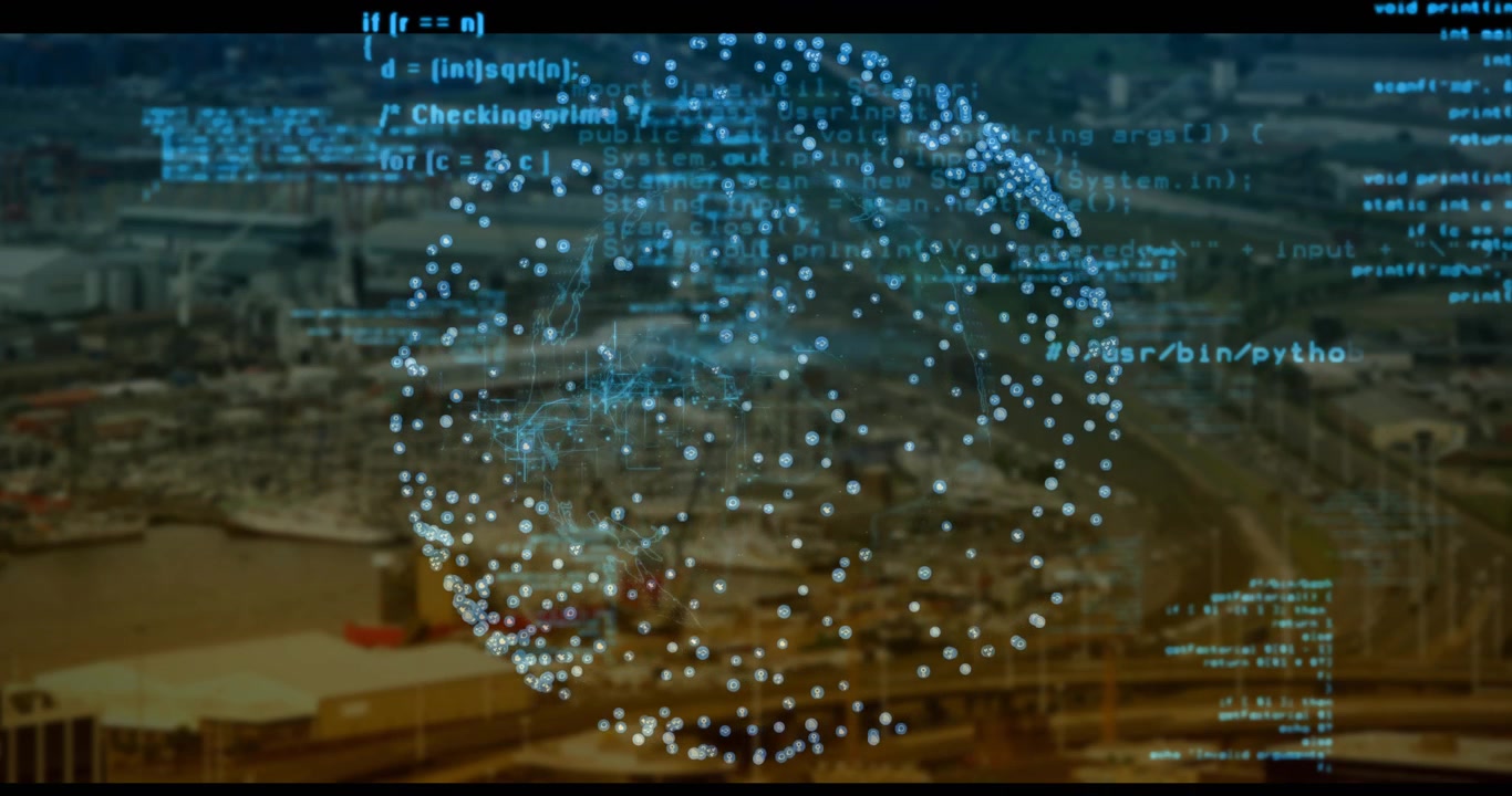 Artifact triggered 3D point cloud sphere rotating while code streaming visualizing port city data