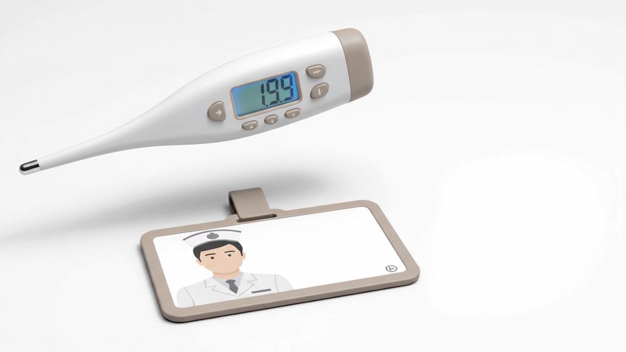 Un termometro digitale e un tesserino identificativo di un medico sono ben visibili, mostrando strumenti medici essenziali per la cura del paziente e il monitoraggio della salute