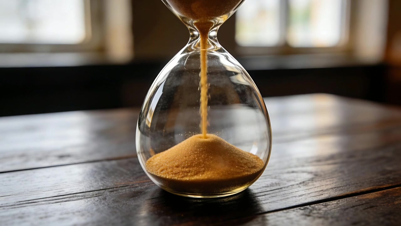 Starting sand flow, hourglass streaming golden grains into lower bulb on wooden table marking time
