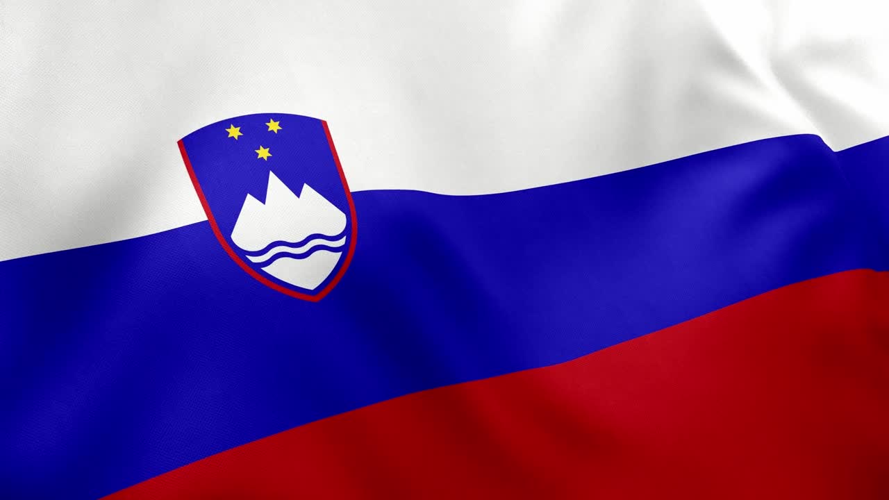 Realistic animation of Slovenian flag waving. White blue red stripes with coat of arms Triglav stars. Seamless loop national themes Slovenia