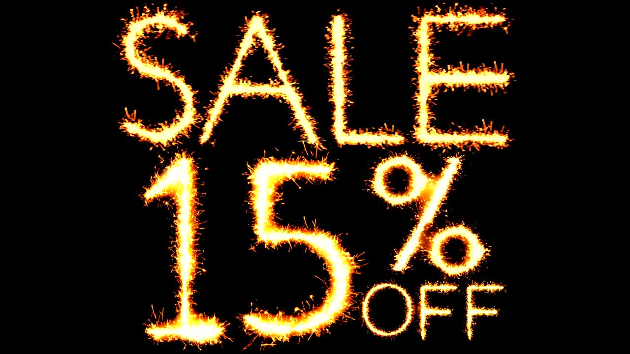 15% de descuento en texto, brillo, chispas y animación de bucle de fuegos artificiales.