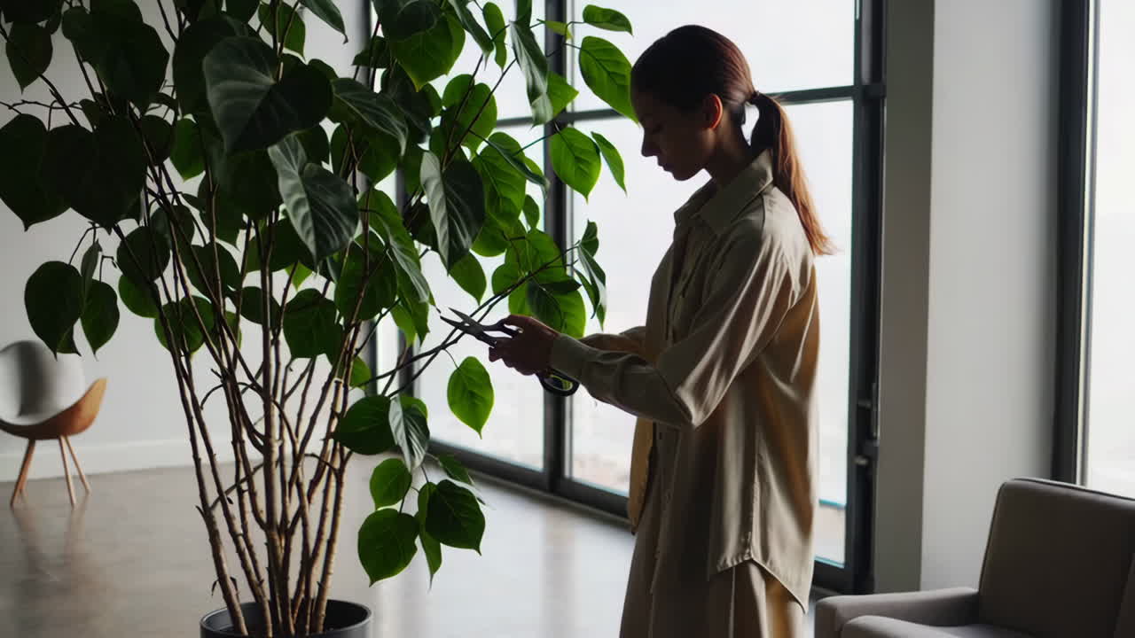 Woman Pruning a Large Indoor Plant