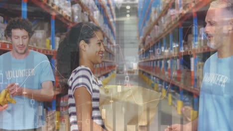 Statistical-data-processing-over-african-american-woman-donating-bag-to-male-volunteer-at-warehouse