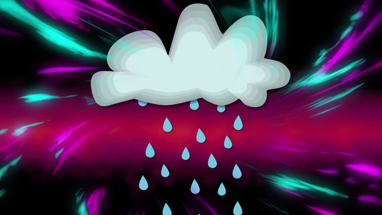 Animation von Wolke mit Regen über Lichtspuren auf lila Hintergrund