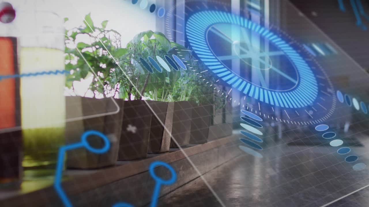 On opening, holographic grid, waveform, HUD and nodes animating over planter bench plants