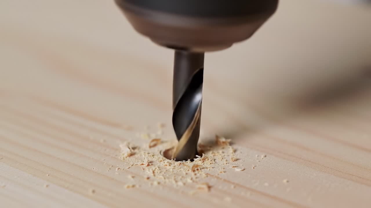 A drill bit functions skillfully as it penetrates the surface of a piece of wood, creating a perfect hole. This technique is essential for various woodworking and DIY applications.