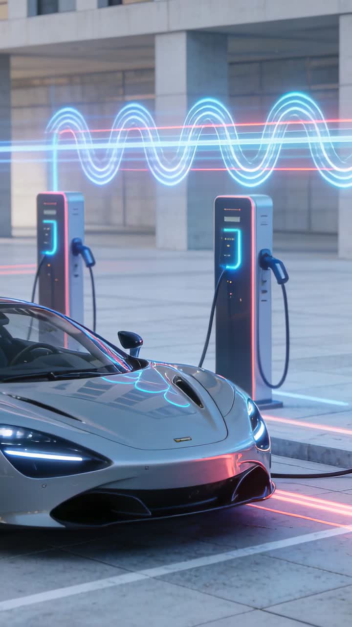 Dikey video: Neon dalga beliriyor, elektrikli araç şarj cihazları kabloyu titreterek gümüş bir arabaya ulaşıyor ve araç şarj istasyonunda şarj oluyor.