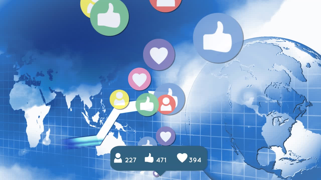 Globe and sky with moving social media icons