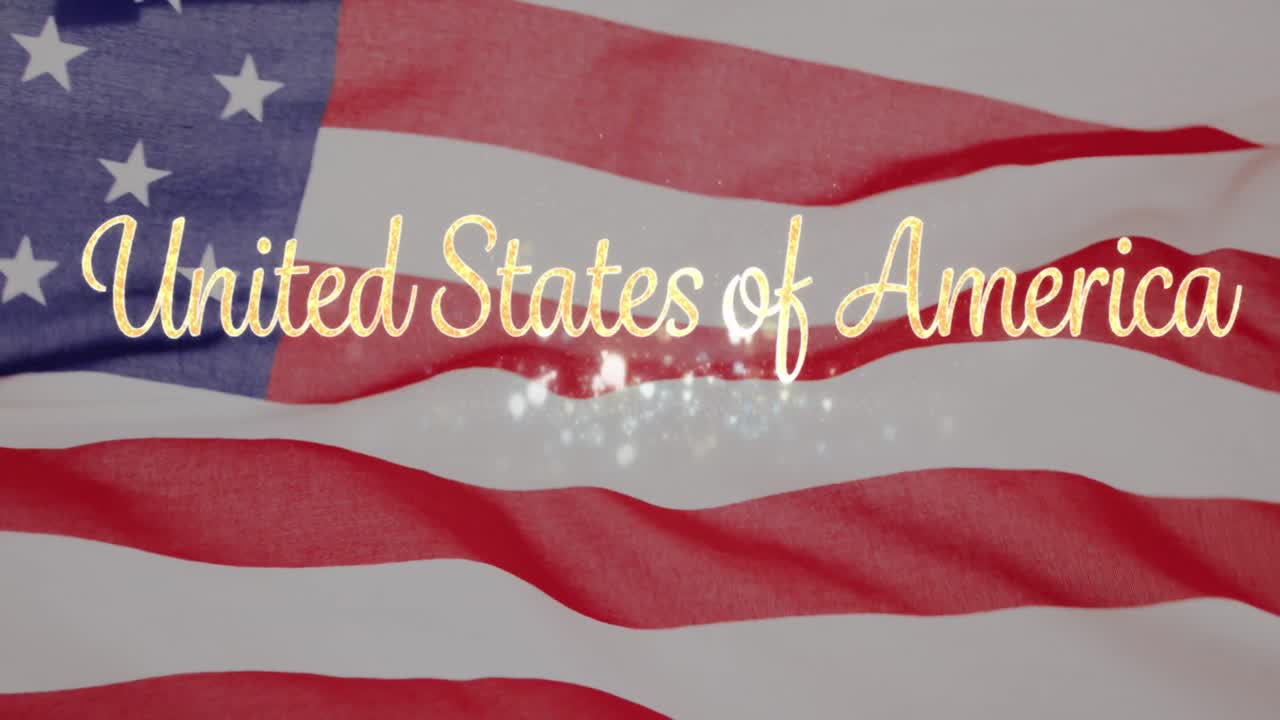 Animation af funklende tekst 'Amerikas Forenede Stater' over viftende amerikansk flag