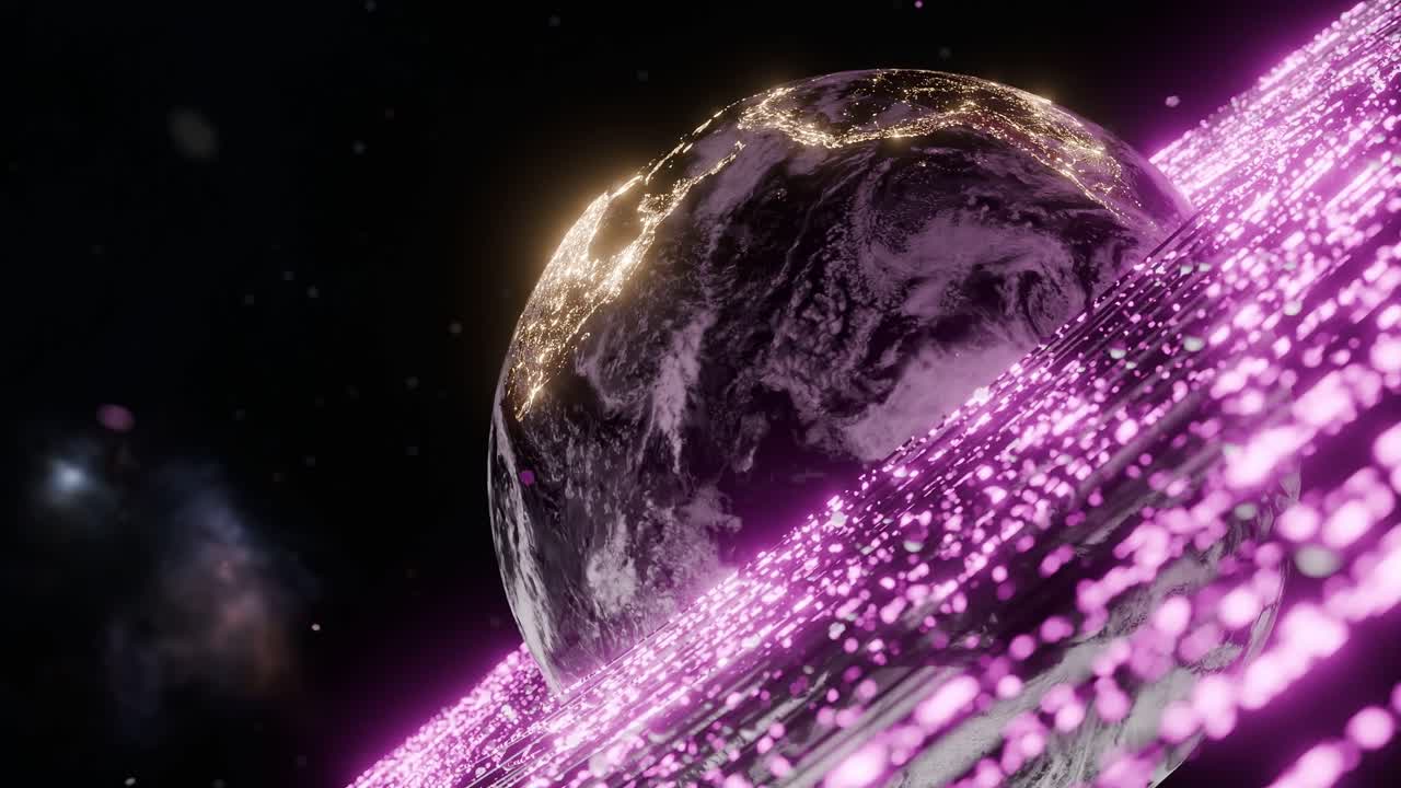 Earth showing South America with pink digital particles in outer space. include Brazil, Argentina, Colombia. 3D rendering with night lights and energy wave. Futuristic technology global connection