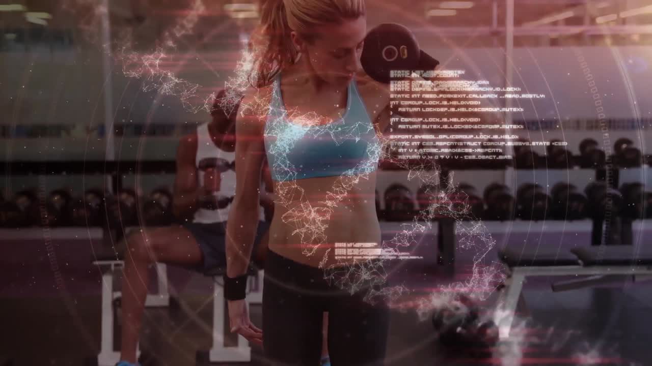 Animation of dna strand spinning and data processing over fit woman exercising with weights