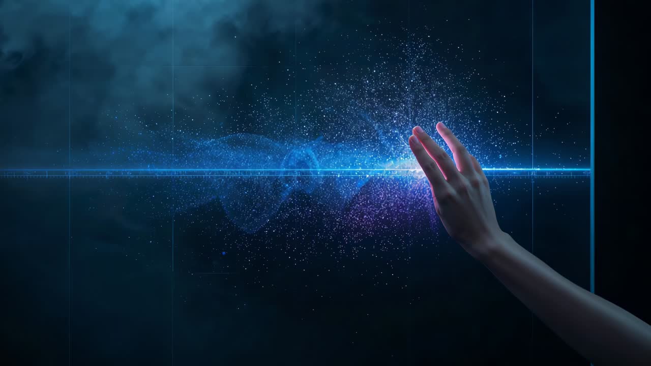 Nearing point, right hand bare arm activating blue beam at console, sending data pulse, copy space