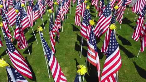 a drone perspective flying backward through a collection of american flags on memorial day