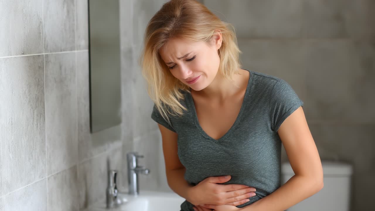 A young woman experiencing abdominal discomfort in a bathroom setting, visibly expressing pain and distress while holding her stomach