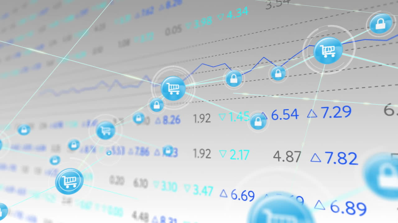 Animation of blue media icons over data processing and stock market on white background