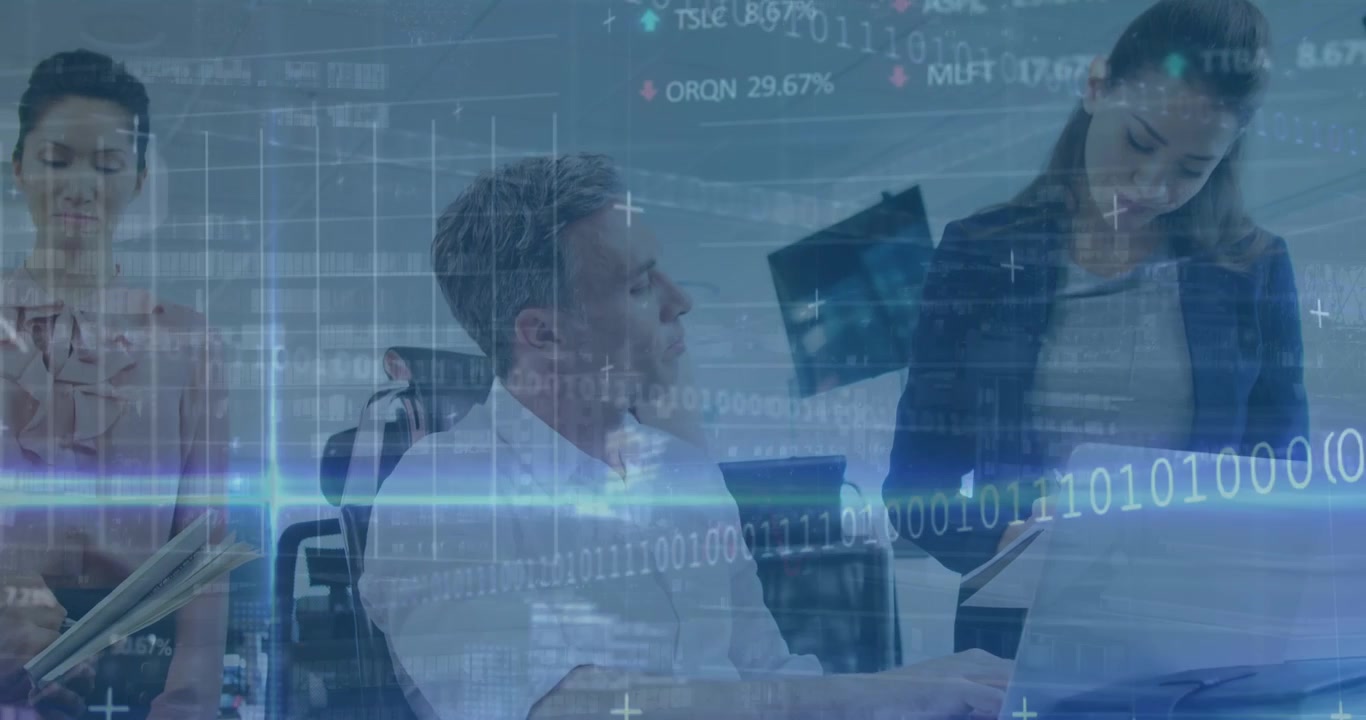 Business Team Collaborating in Modern Office with Digital Data Overlay