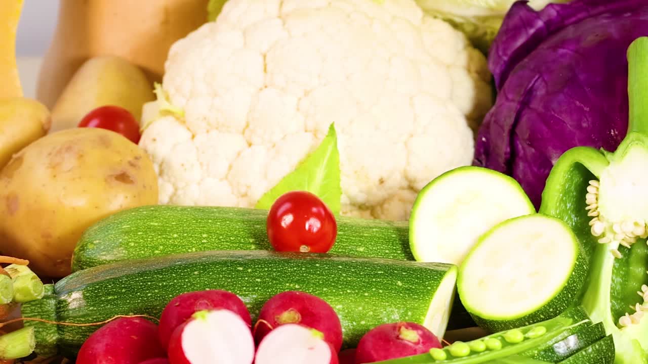 A colorful assortment of fresh vegetables including zucchini, bell peppers, and carrots, showcasing natural beauty.