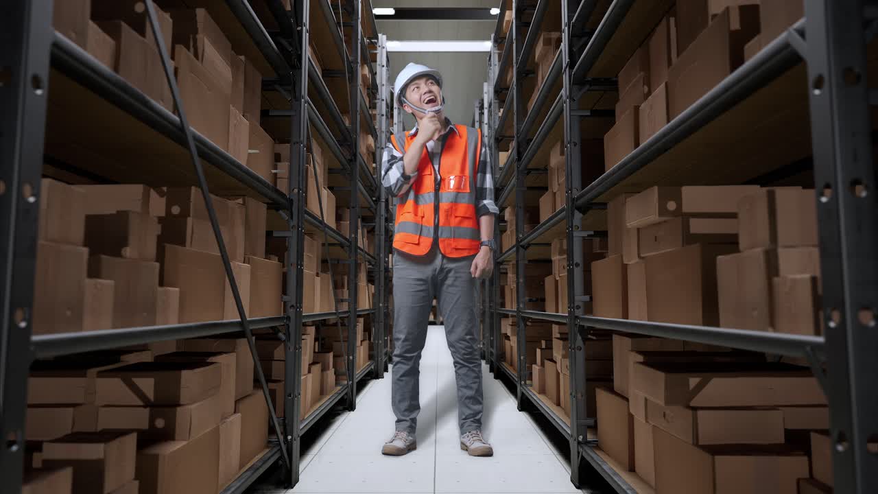 cuerpo lleno de ingeniero masculino asiático con casco de seguridad de pie en el almacén con estantes llenos de productos de entrega. pensando en algo y mirando a su alrededor luego levantando su dedo índice