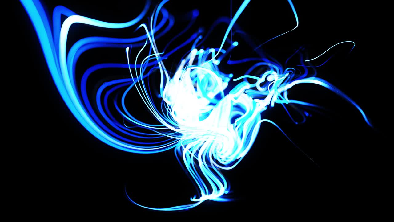 Fast lines of light streaks. Stream of particles forms curled blue lines like glow light trails, lines form swirling pattern like curle noise. Abstract 3d animation as bright creative festive bg