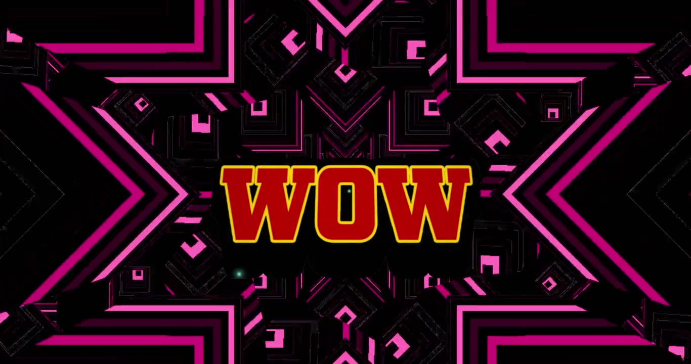 Animaatio "wow"-tekstistä putoavan vaaleanpunaisen kaleidoskooppisen muodon päällä tummalla taustalla.