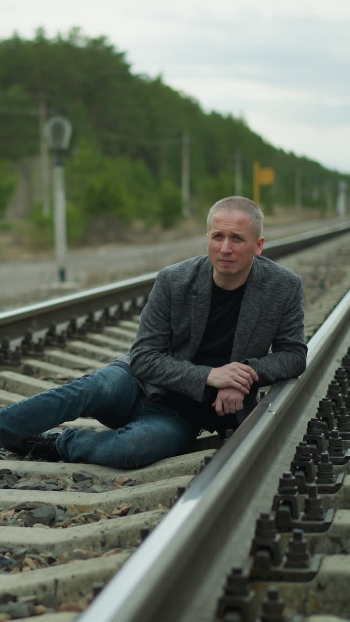 un hombre con un blazer gris y pantalones vaqueros azules tendidos en una vía ferroviaria, mirando contemplativo y serio, teniendo un paisaje rural con árboles y un horizonte lejano