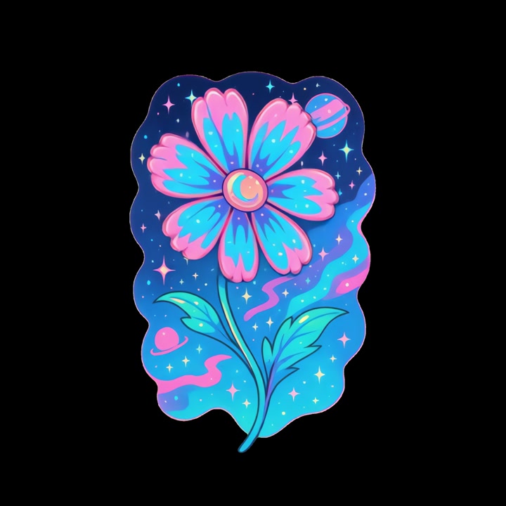 Illustrazione animata di fiore cosmico con sfondo di nebulosa luminosa