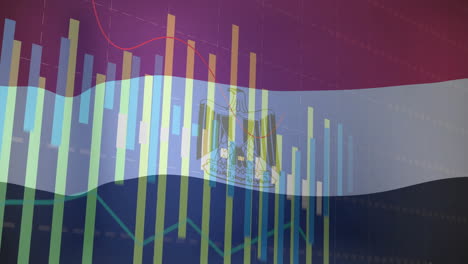 la bandera egipcia ondeando sobre los gráficos de datos financieros animación