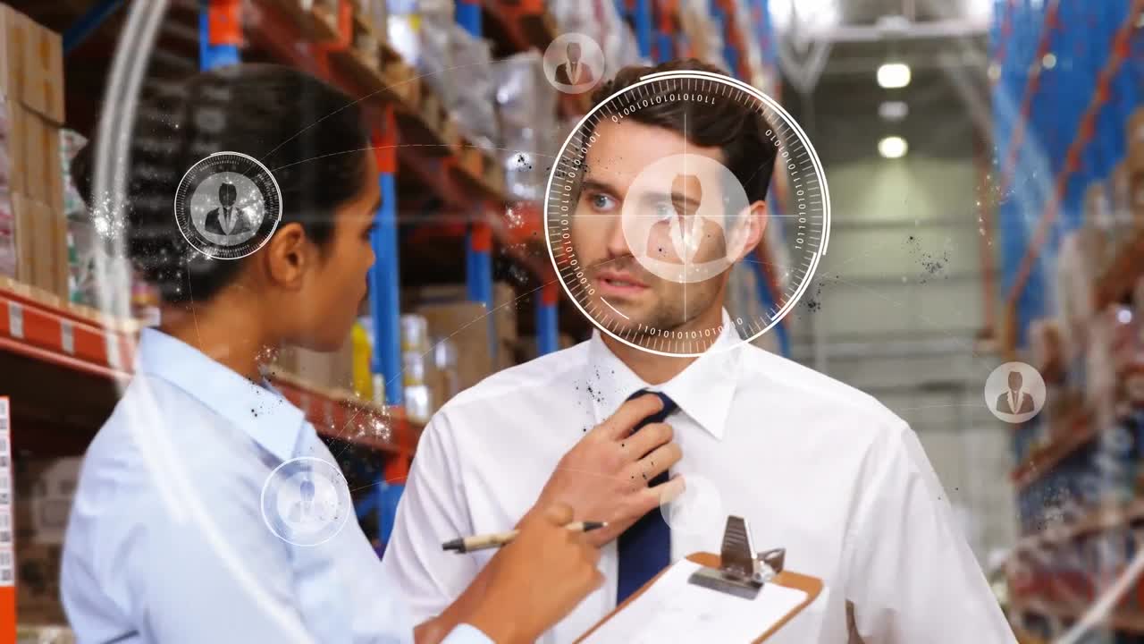 animación de iconos digitales sobre diversas personas que trabajan en el almacén.