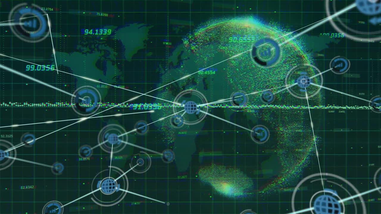 Digital network connections and data points over world map and globe animation
