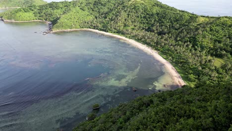 atemberaubende luftaufnahme des unberührten, weißen sandstrandes und der türkisfarbenen meeresbucht mit blick auf den üppigen dschungel von bato, catanduanes