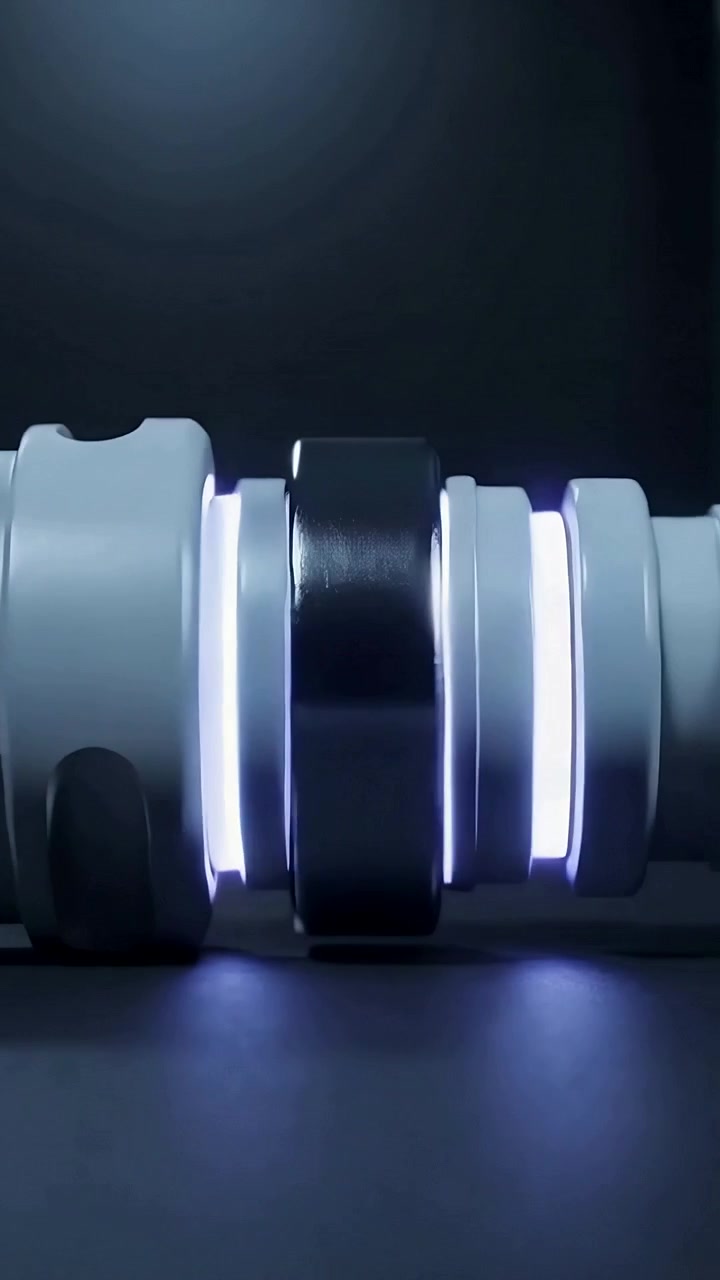 Video verticale: Cavo scorrevole che entra in una guaina trasparente su un tavolo, allineando corpo, dado e bande LED luminose.