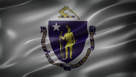 the commonwealth of massachusetts flag, font view, full frame, sleek, glossy, fluttering, elegant silky texture, waving in the wind, realistic 4k cg animation, movie-like look, seamless loop-able