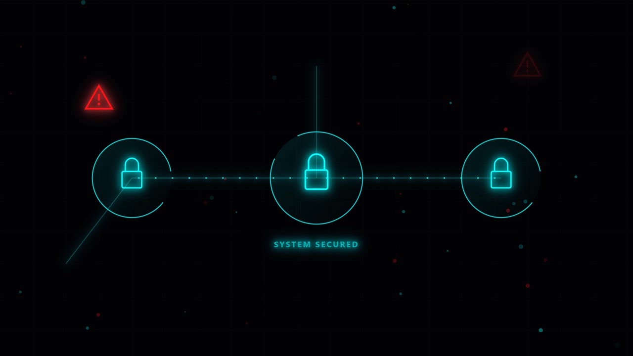 Digital Security Interface Showing System Secured Status with Glowing Padlocks