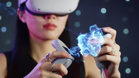 user engages with virtual reality equipment, showcasing vibrant animations and interactive gameplay. the setting is lively, emphasizing the excitement of modern gaming technology in action.