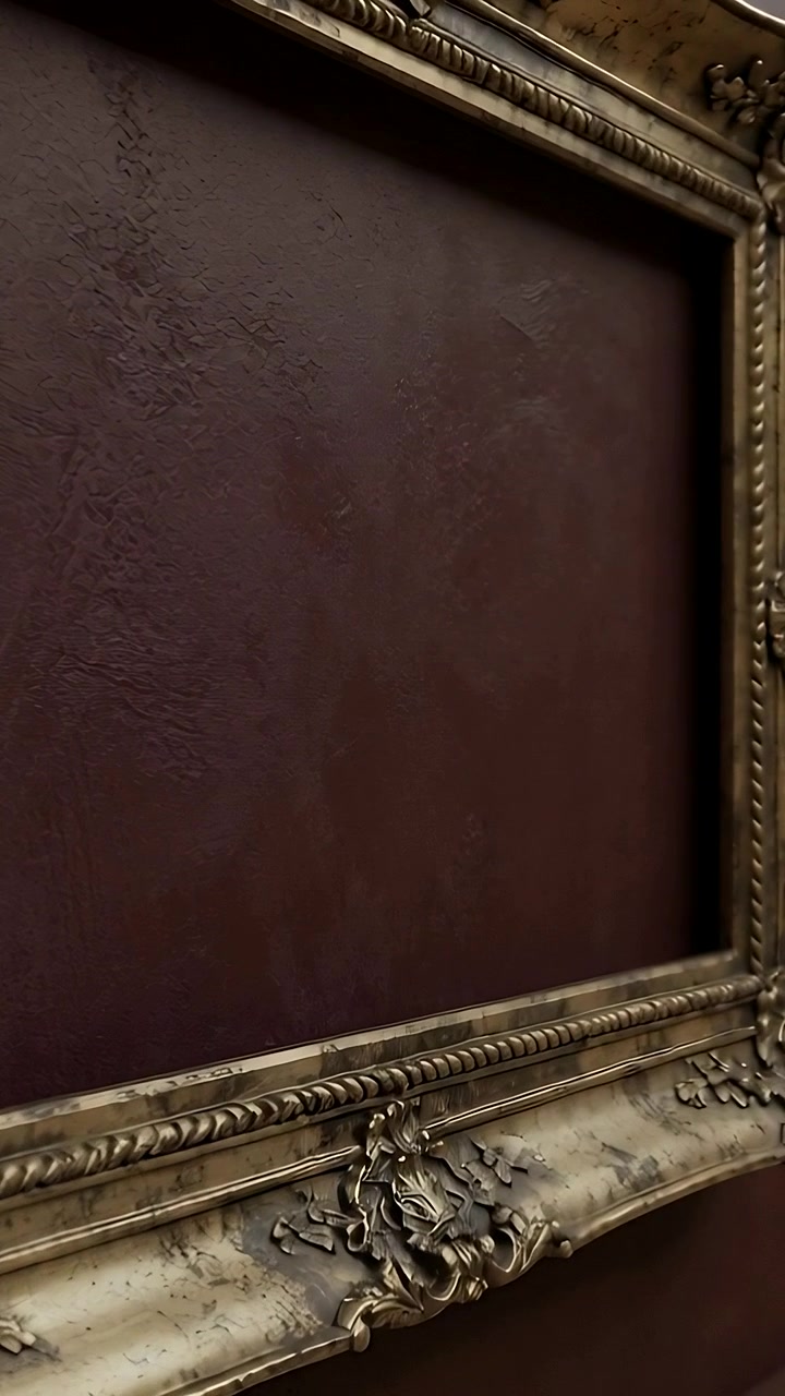 Video verticale: Rivelazione di una cornice dorata su una parete bordeaux di una galleria, mentre la telecamera si muove in panoramica.