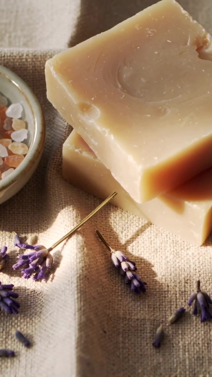 Video verticale: Panoramica a sinistra, la telecamera mostra una pila di saponi su un panno beige con una ciotola, lavanda e una spilla dorata.