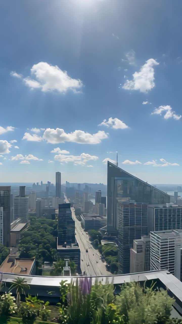 Vídeo vertical: câmera inclinando e revelando vasos de plantas no terraço, avenida e arranha-céu de vidro, espaço para texto