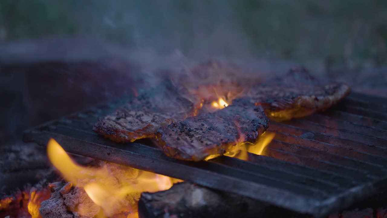 barbecue cooking fresh meat on bbq grilling on fire in campground while camping during outdoor field trip , close up