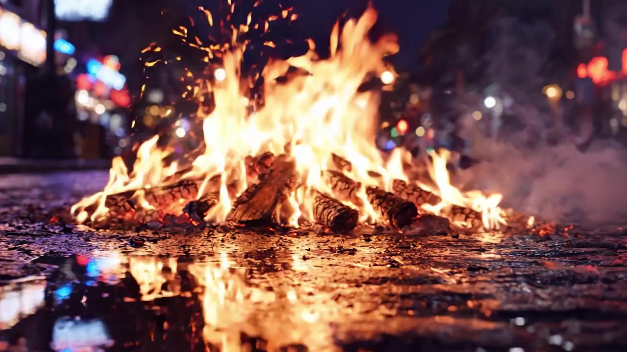 Una potente fiammata illumina una strada buia mentre le fiamme danzano tra i detriti carbonizzati, creando un'atmosfera intensa piena di calore e luce nel paesaggio notturno urbano