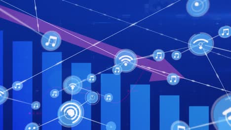 animation of network of digital icons and statistical data processing against blue background