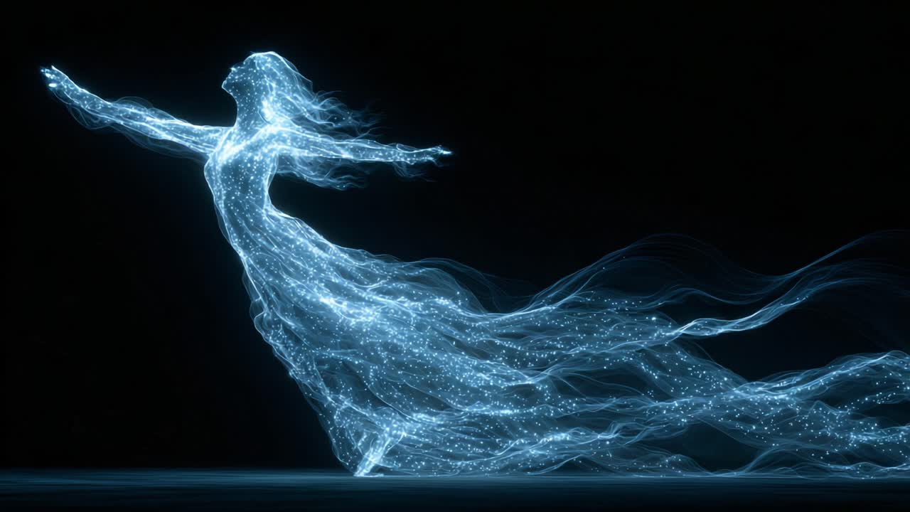 Luminous soul like woman made of glowing blue particles flying ...