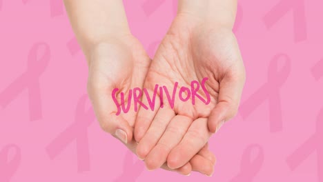 Animation-of-survivors-text-over-hands-on-pink-background