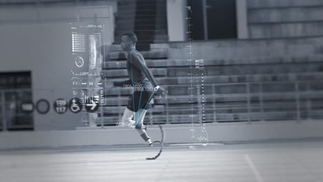 Animation-of-mixed-race-male-disabled-athlete-with-prosthetic-legs-exercising-at-a-sports-stadium