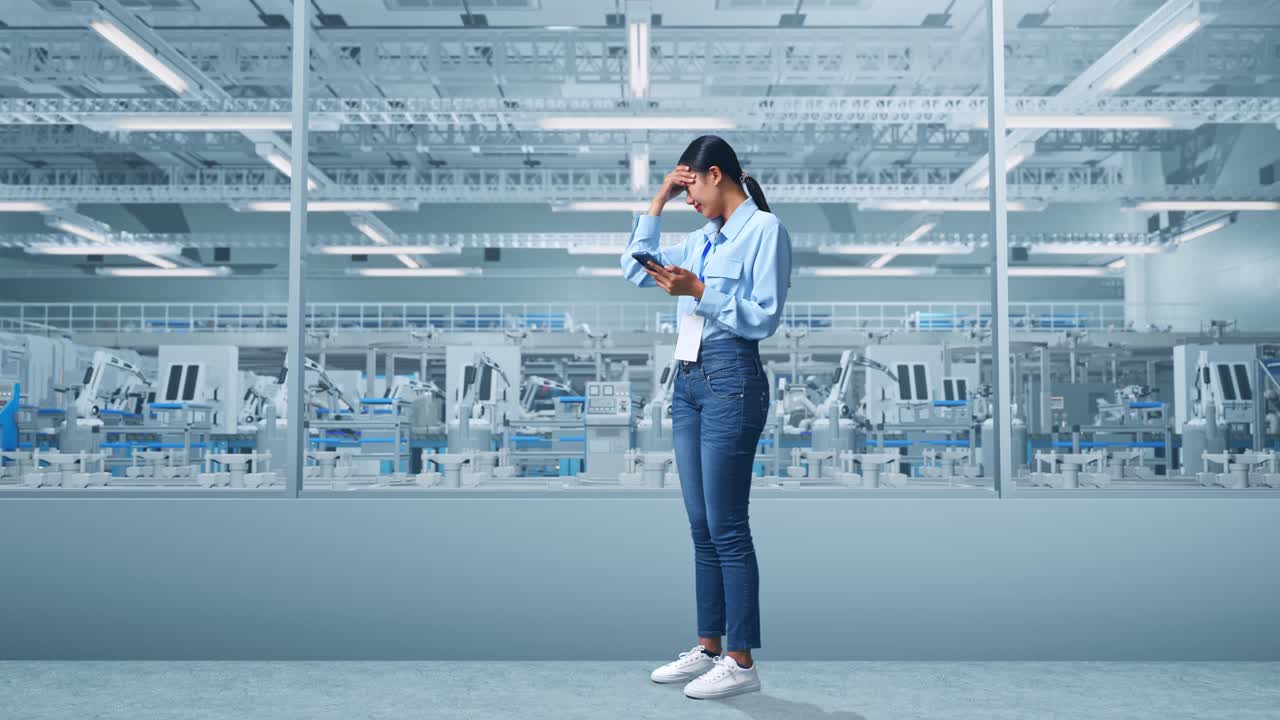 Full Body Side View Of An Asian Female Professional Worker Standing With Her Phone at Factory Digitalization for Innovative Project, She Is Nodding Her Shead With Dissapionted