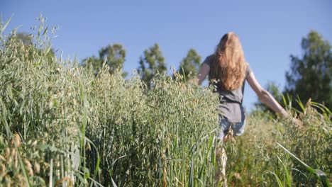 Authentic-field-slow-motion-running-of-a-woman-with-hands-and-through-wheat-close-up-in-wind-moody-cinematic-atmosphere