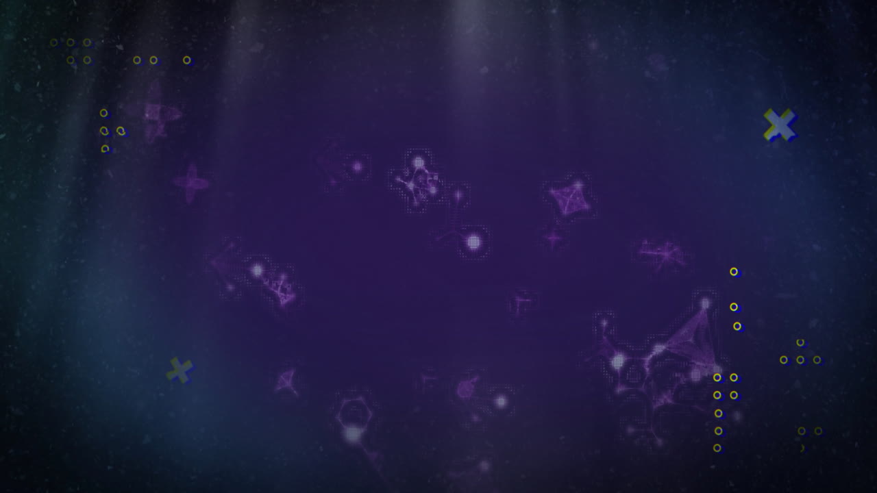 우주 애니메이션에서 떠다니는 보라색 기하학적 모양과 입자